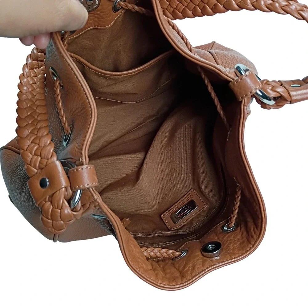 Talbots Hobo Bag Womens Medium Cognac‎ Brown Leather Braided Tassel